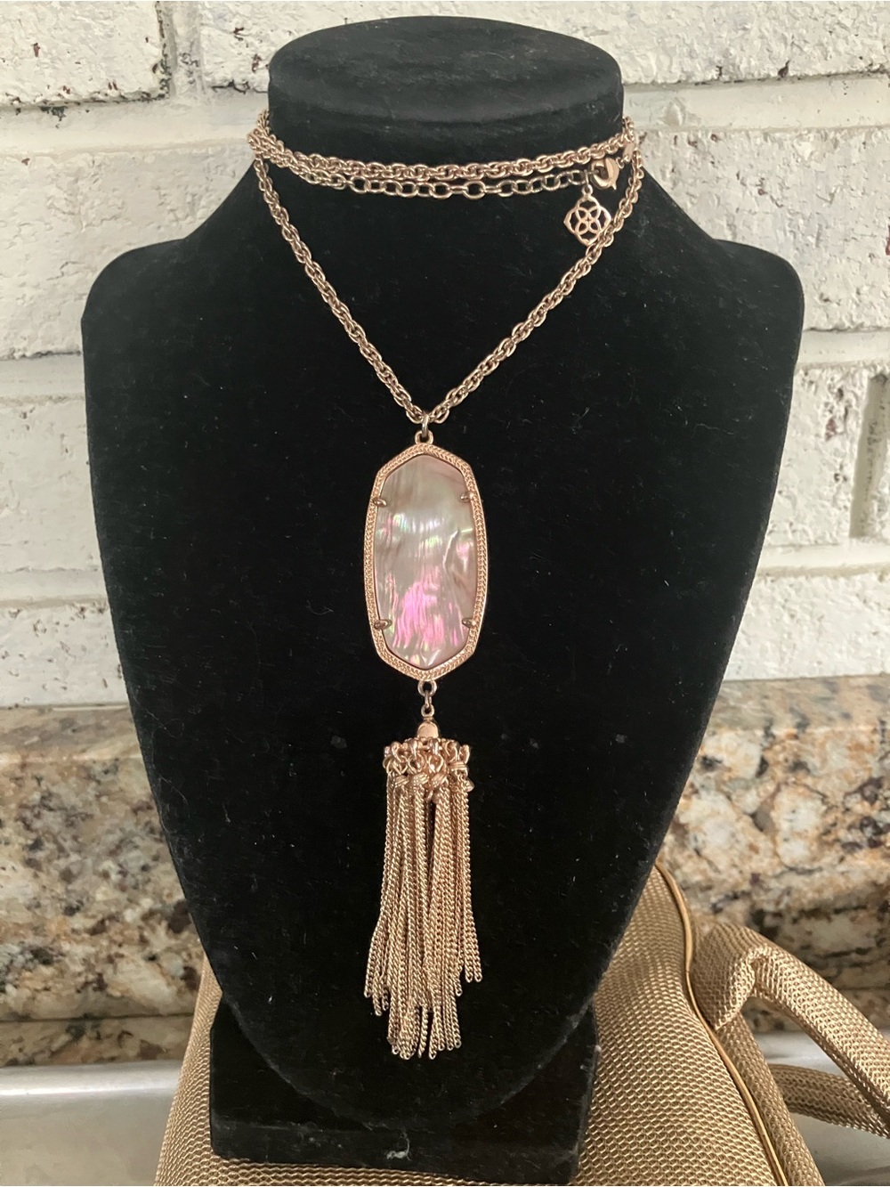 Kendra Scott Rayne Rose Gold-Tone Pink Mother of Pearl Tassel Necklace 30”